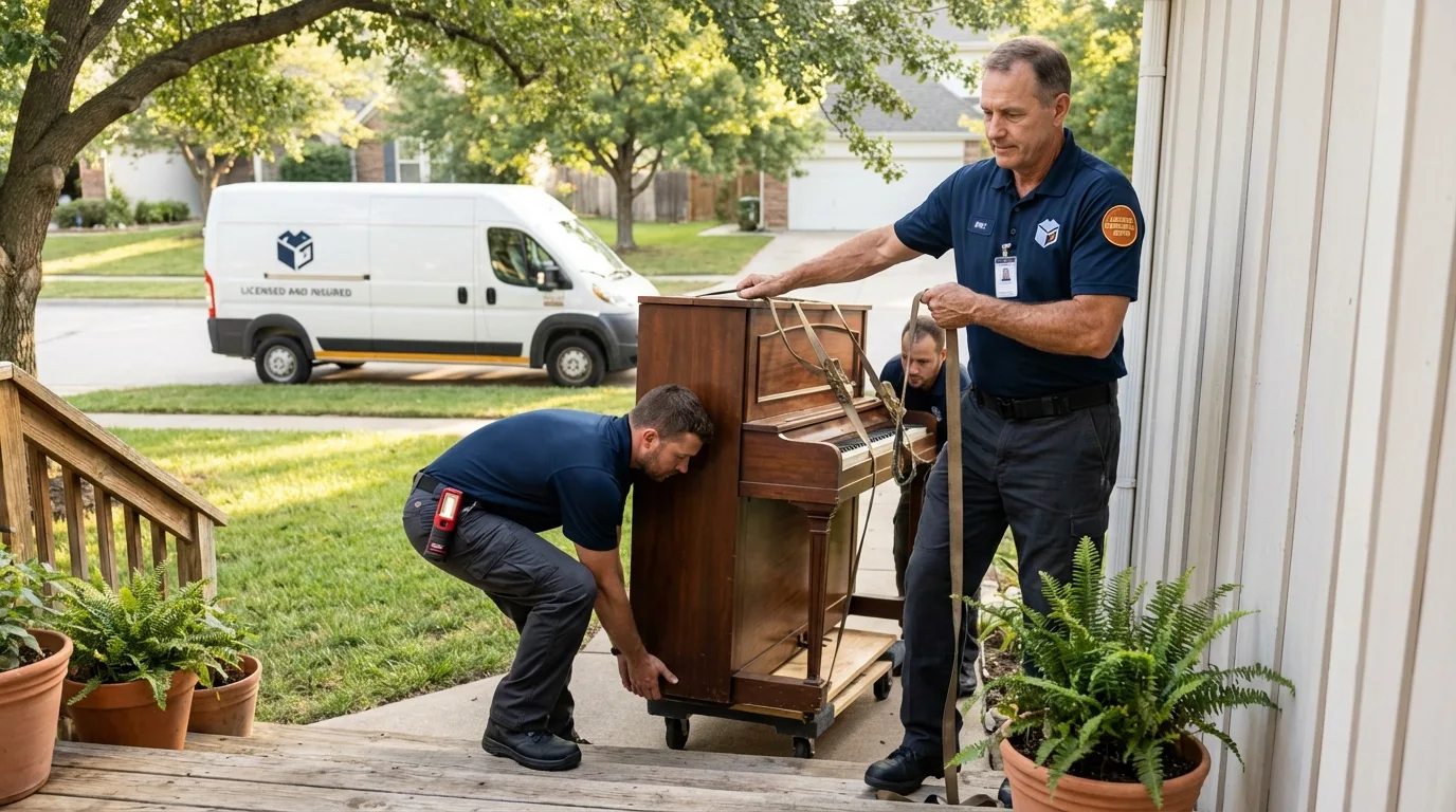 Licensed piano movers securing grand piano in Chatham, VA